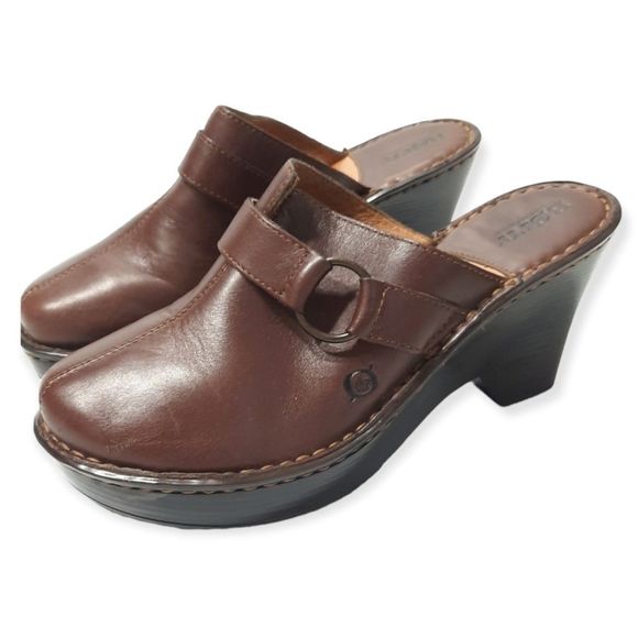 Born Shoes Born Women Mule Heel Clog Size 8 Brown Leather Wedge